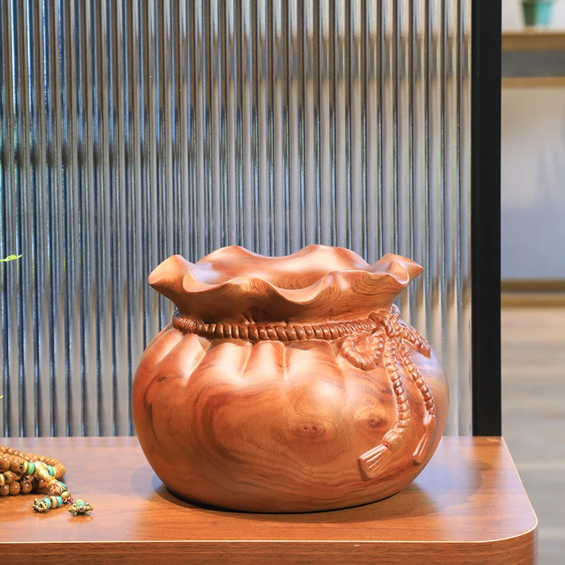 中号福袋原木钱袋收纳摆件福袋中式家居客厅玄关入户装饰品聚宝盆