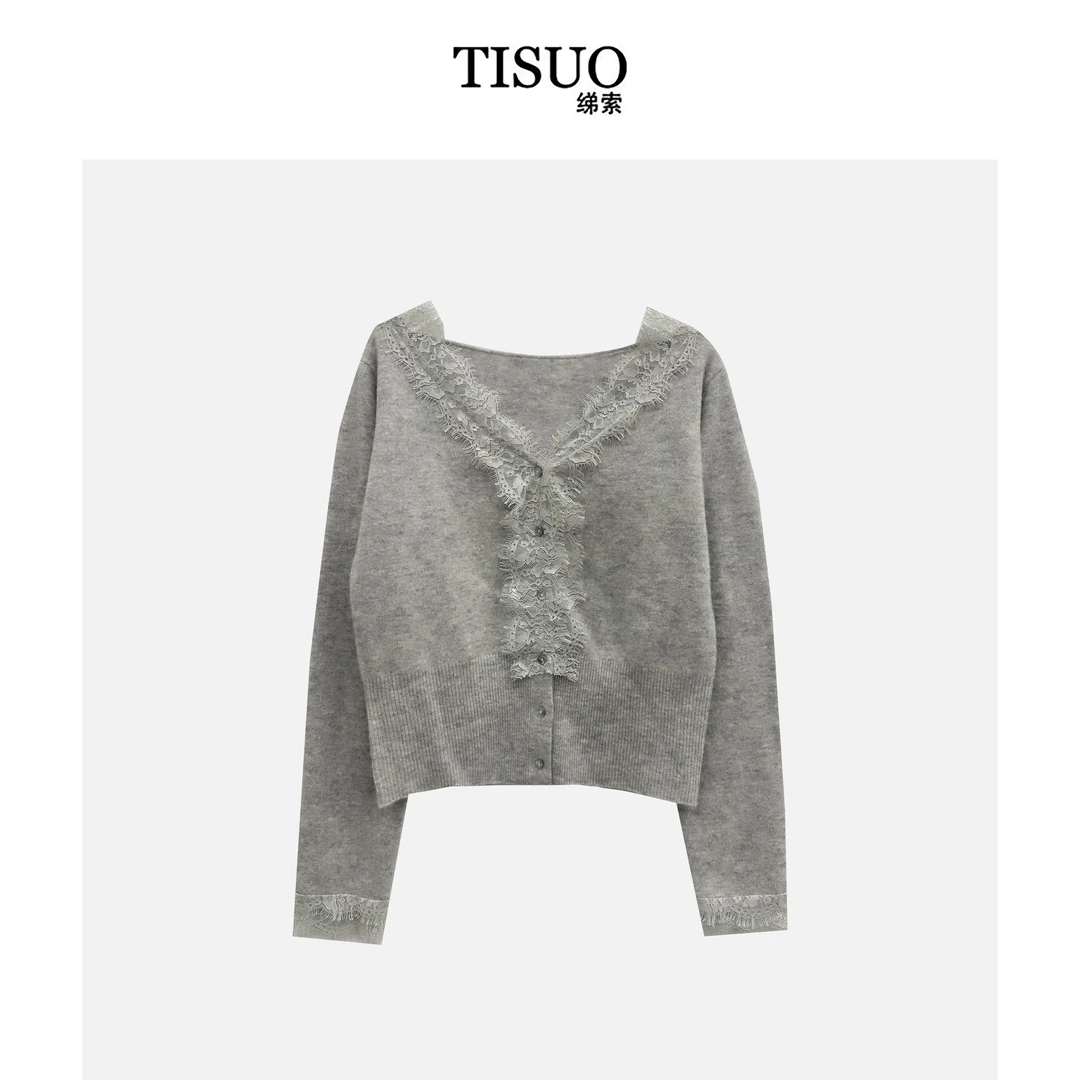 TISUO/绨索时尚法式浪漫V领蕾丝边百搭针织长袖开衫 TS311603