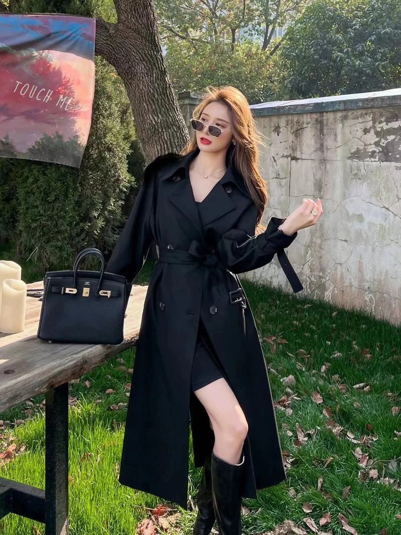 【301-350】新款黑色百搭秋冬气质大牌长款韩系显瘦长款大衣外套