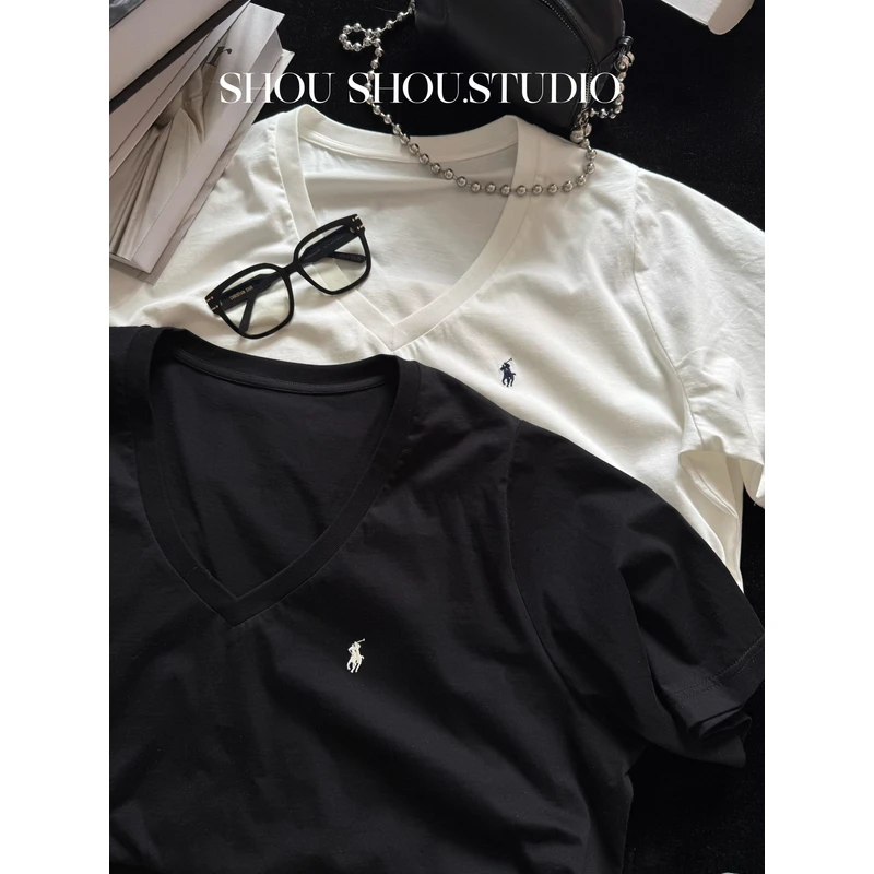 【瘦瘦】大码夏季V领刺绣小众薄款百搭宽松情侣短袖S01695