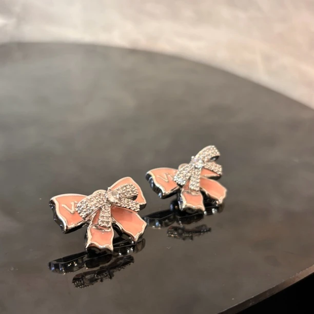 铜合金合成锆石耳饰 粉色双蝴蝶结耳环EH2293