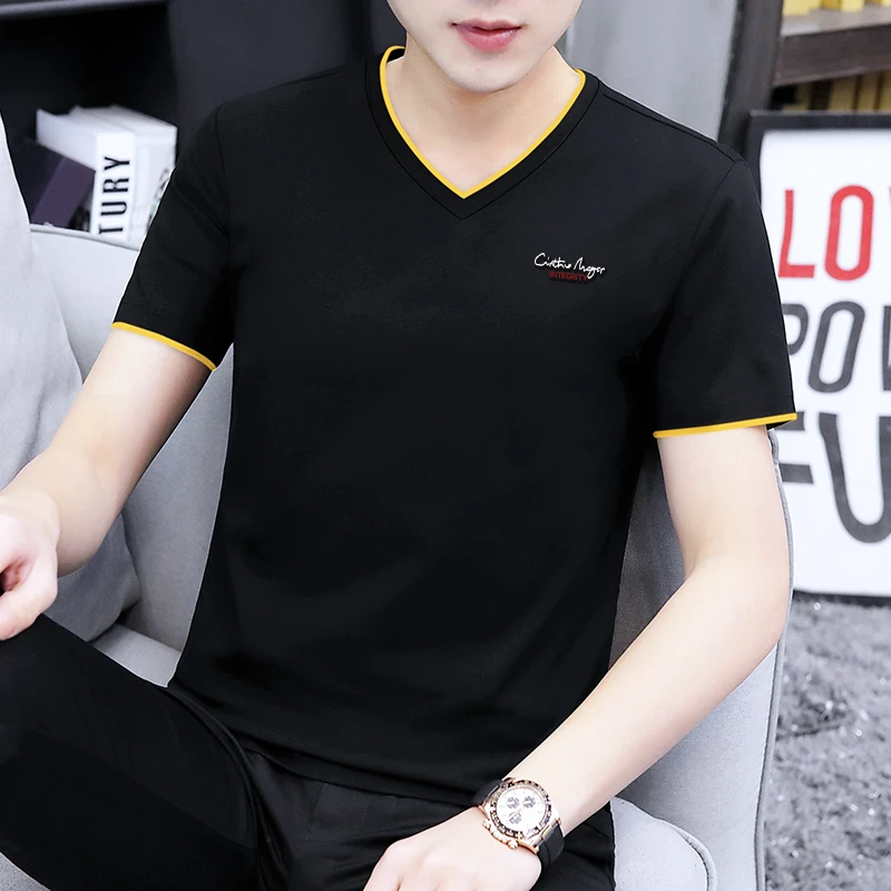 纯棉男士短袖t恤2025新款潮流冰丝半袖夏季薄款上衣服体恤衫V领