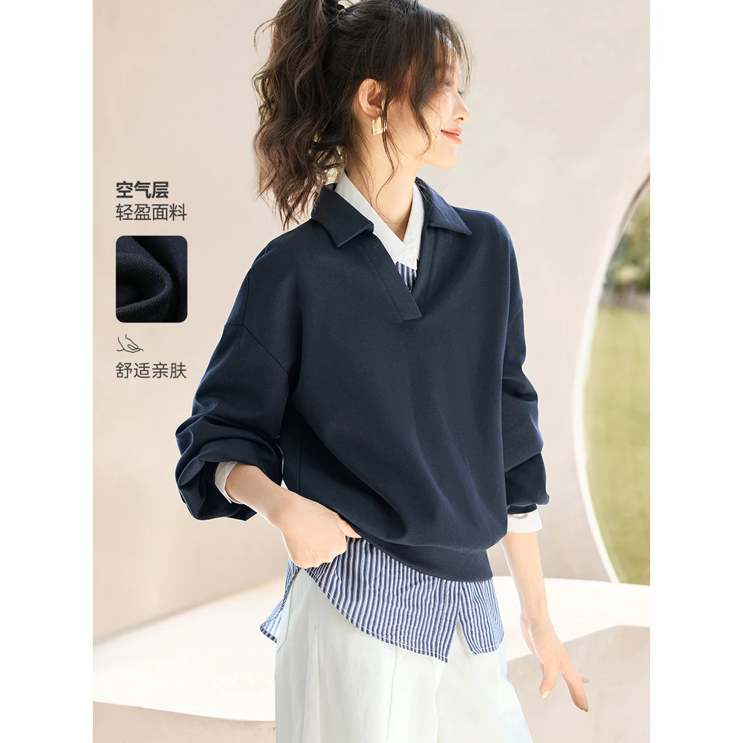 空气层时髦上衣2025秋季新款休闲百搭polo领灯笼袖卫衣女