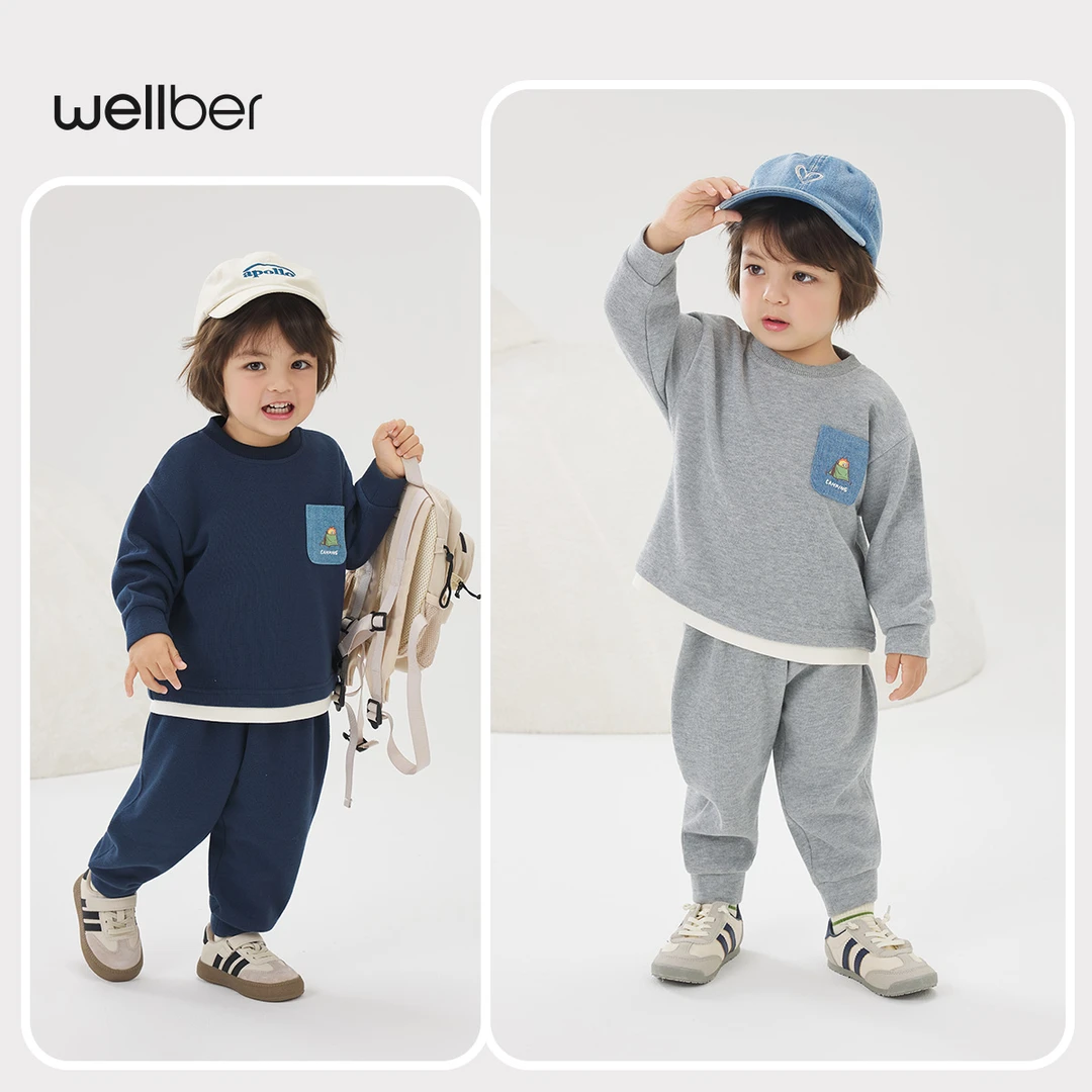 wellber/威尔贝鲁套装男女通用假两件卫衣套装韩版套头简约休闲