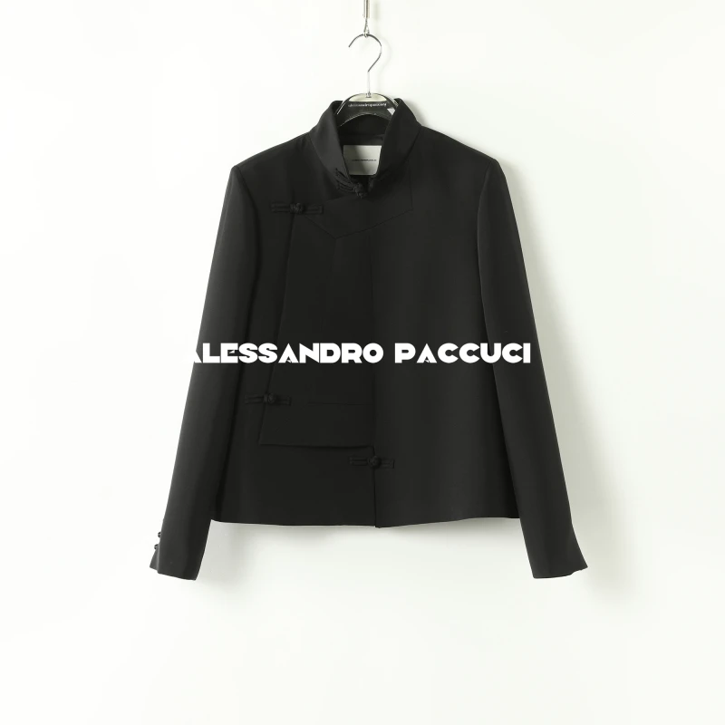 AP洛哥42035UG【墨晨华】绵羊毛真丝黑色国风立领盘扣时尚外套24秋