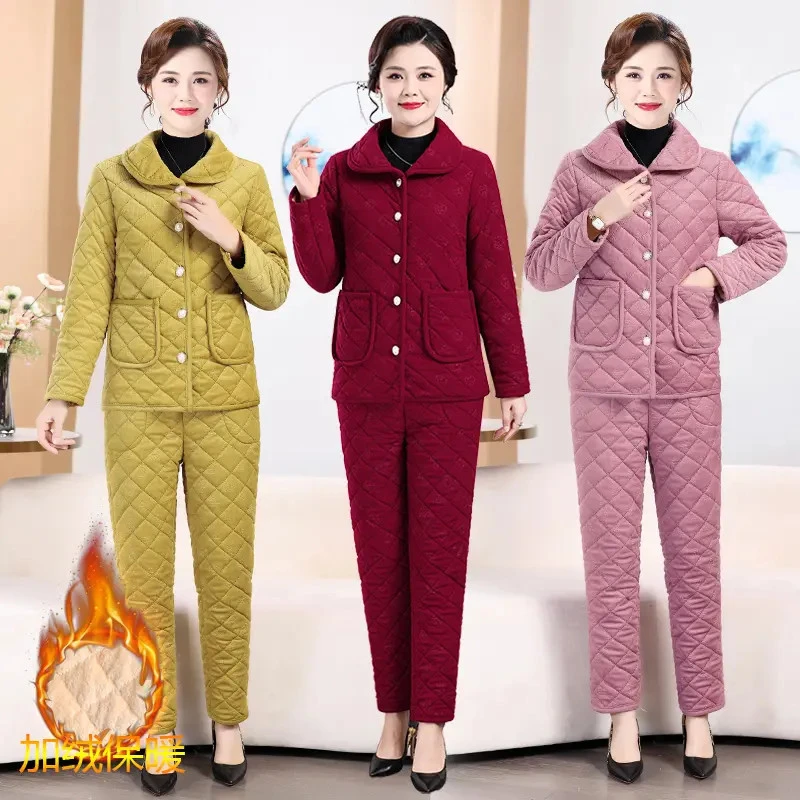 CC4妈妈装秋冬季加绒加厚棉衣套装中老年气质女装棉袄棉服两件套