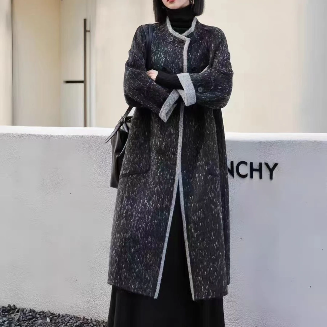 拉夏贝尔流星雨双面羊毛大衣女2025秋冬长款高级感撞色宽松显瘦