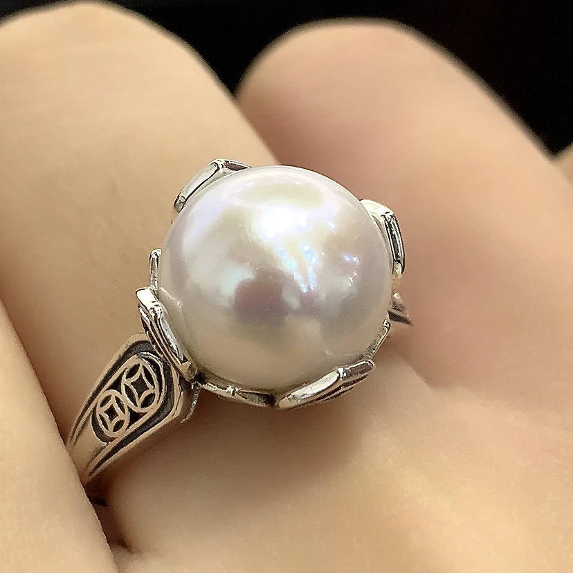 钱多多六字真言莲花珍珠戒指