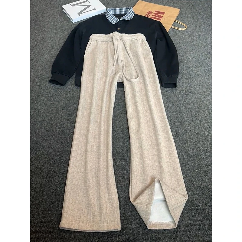 老钱风杏色毛呢裤子男款秋冬季韩系慵懒风休闲裤垂感宽松直筒长裤