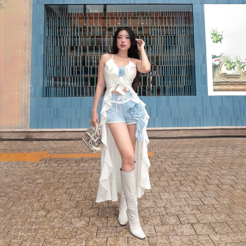 KaDaiShan度假风花朵不规则挂脖吊带女2025新款气质拖尾辣妹上衣