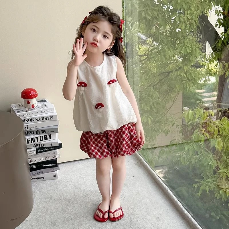 女童夏套装2025新款洋气儿童蘑菇衣服俩件套花苞裤夏季中小童童装