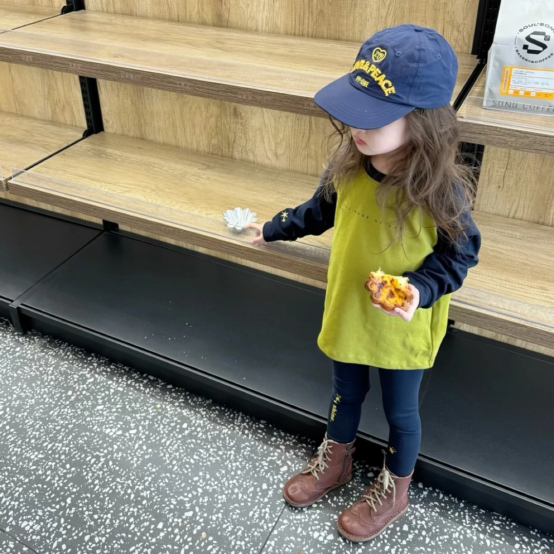 小思家2025年秋季新款女童插肩袖拼色中长款T恤打底裤伞兵裤套装