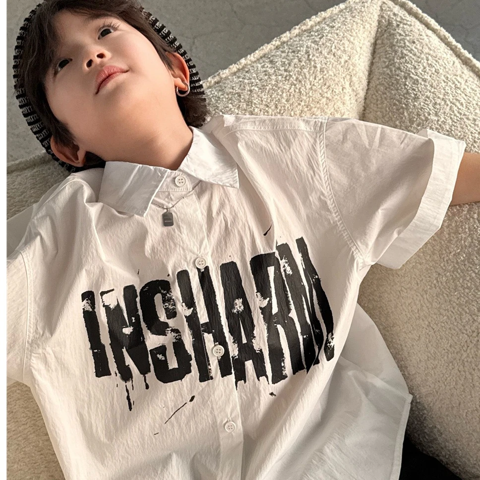 A-MU2025清仓【黑白】夏季儿童白衬衫微皱面料破损字母男女宝短袖