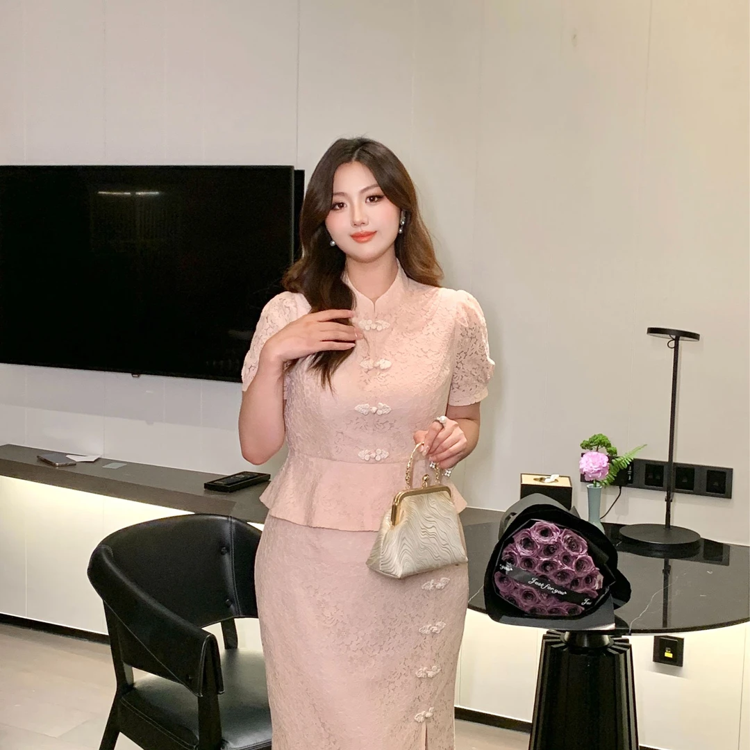 GLEC大码女装高端胖mm新中式复古镂空假两件高级感改良旗袍连衣裙