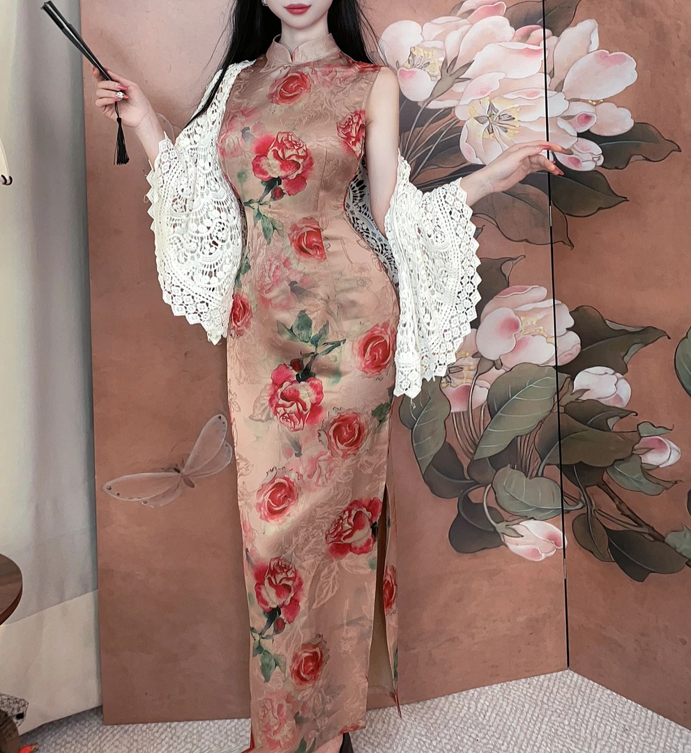 秋辞香~花枝乱颤 无袖港工中长款玫瑰花晕染旗袍连衣裙