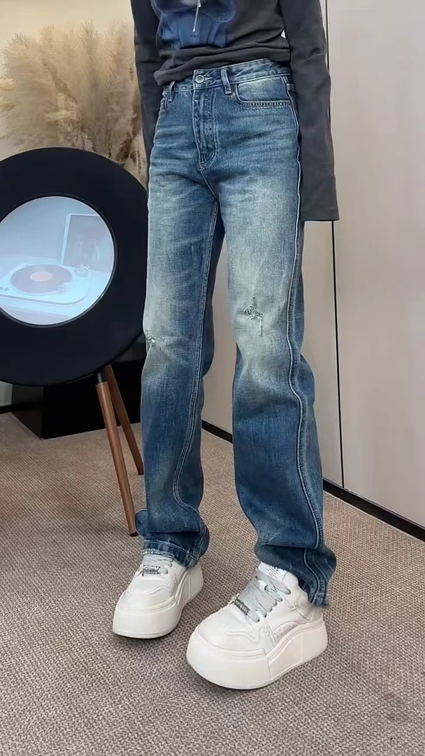 显瘦牛仔裤子女秋冬新款胖mm大码加绒加厚直筒裤