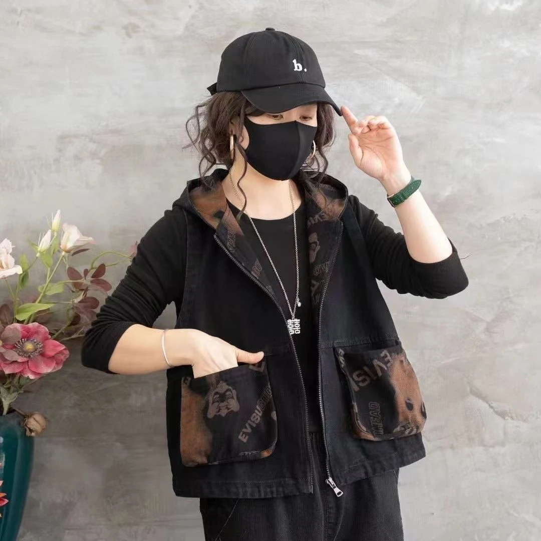 复古拼色印花牛仔马甲女春夏短款连帽马夹宽松显瘦时尚坎肩外套潮