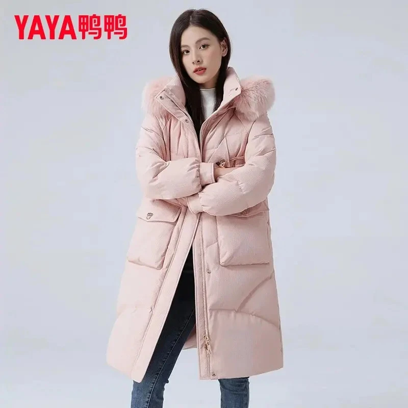 YAYA/鸭鸭羽绒服女中长款连帽冬季简约时尚休闲大毛领保暖外套