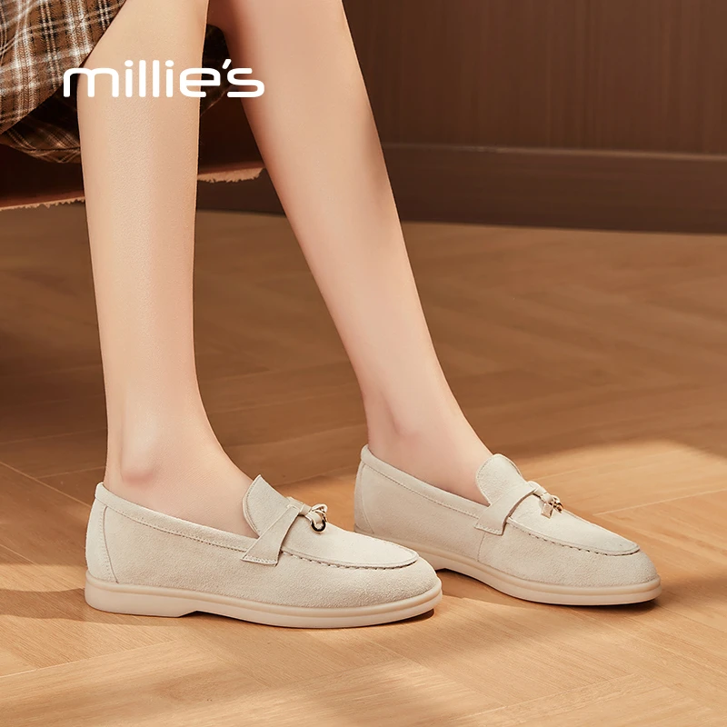 MILLIE S/妙丽真皮乐福鞋女春新款学院风小皮鞋百搭平底圆头单鞋