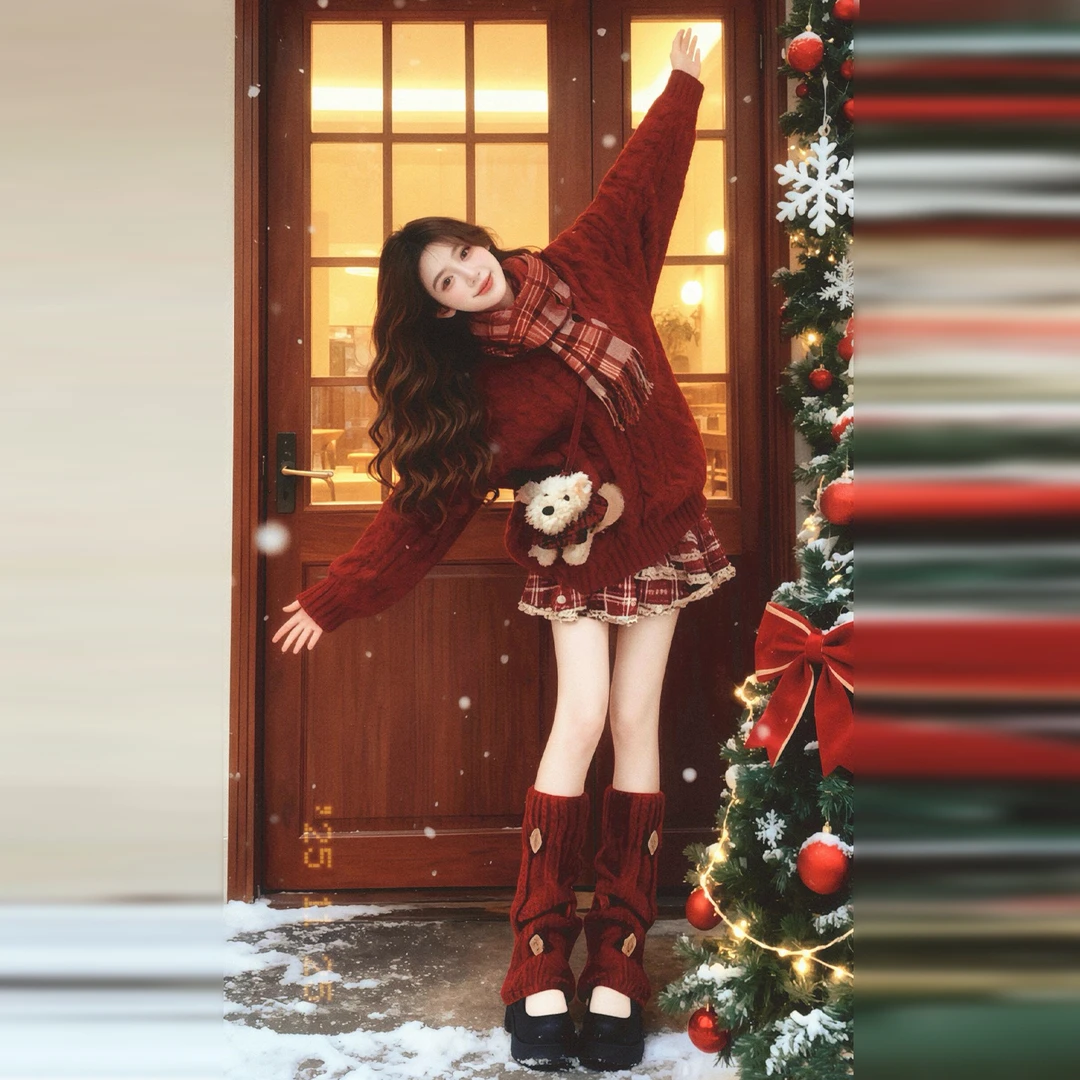 新年穿搭红色毛衣连衣裙女秋冬2026新款巨好看穿搭一整套短裙套装