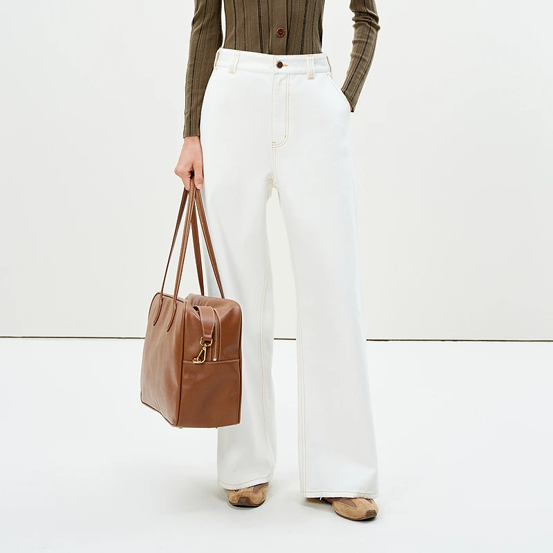 【商场同款】LESS2025春新款休闲阔腿白色高腰牛仔裤2P2E14250