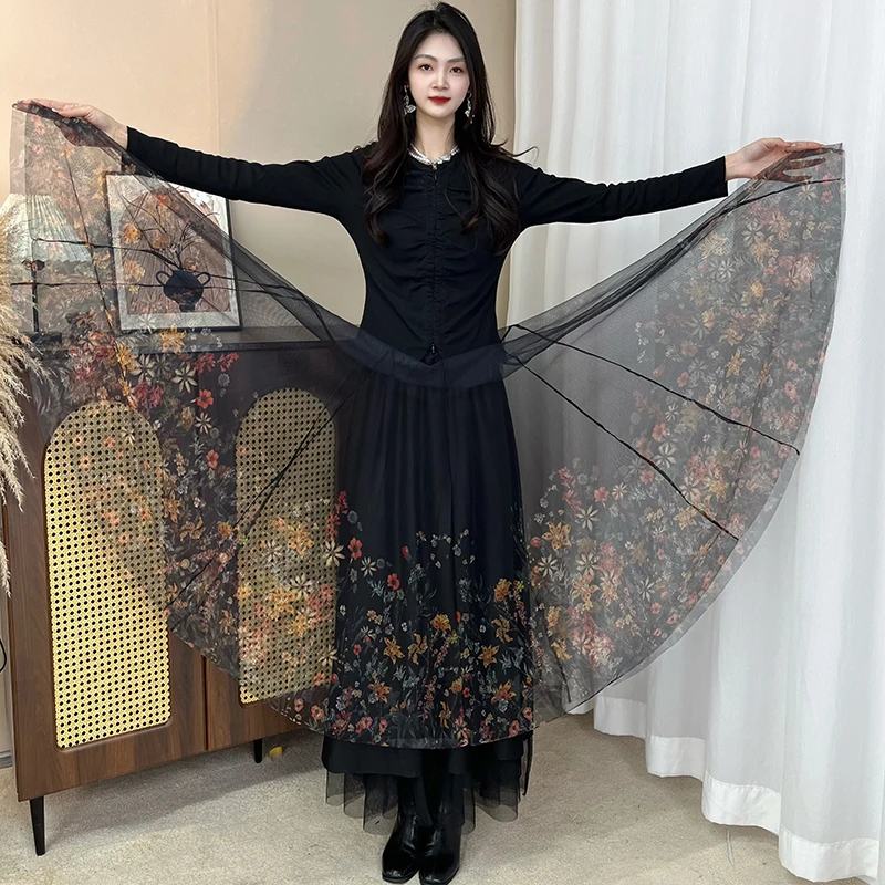 繁花入梦[印花+烫钻两面可穿]春秋大摆碎花A字长裙秋冬网纱半身裙