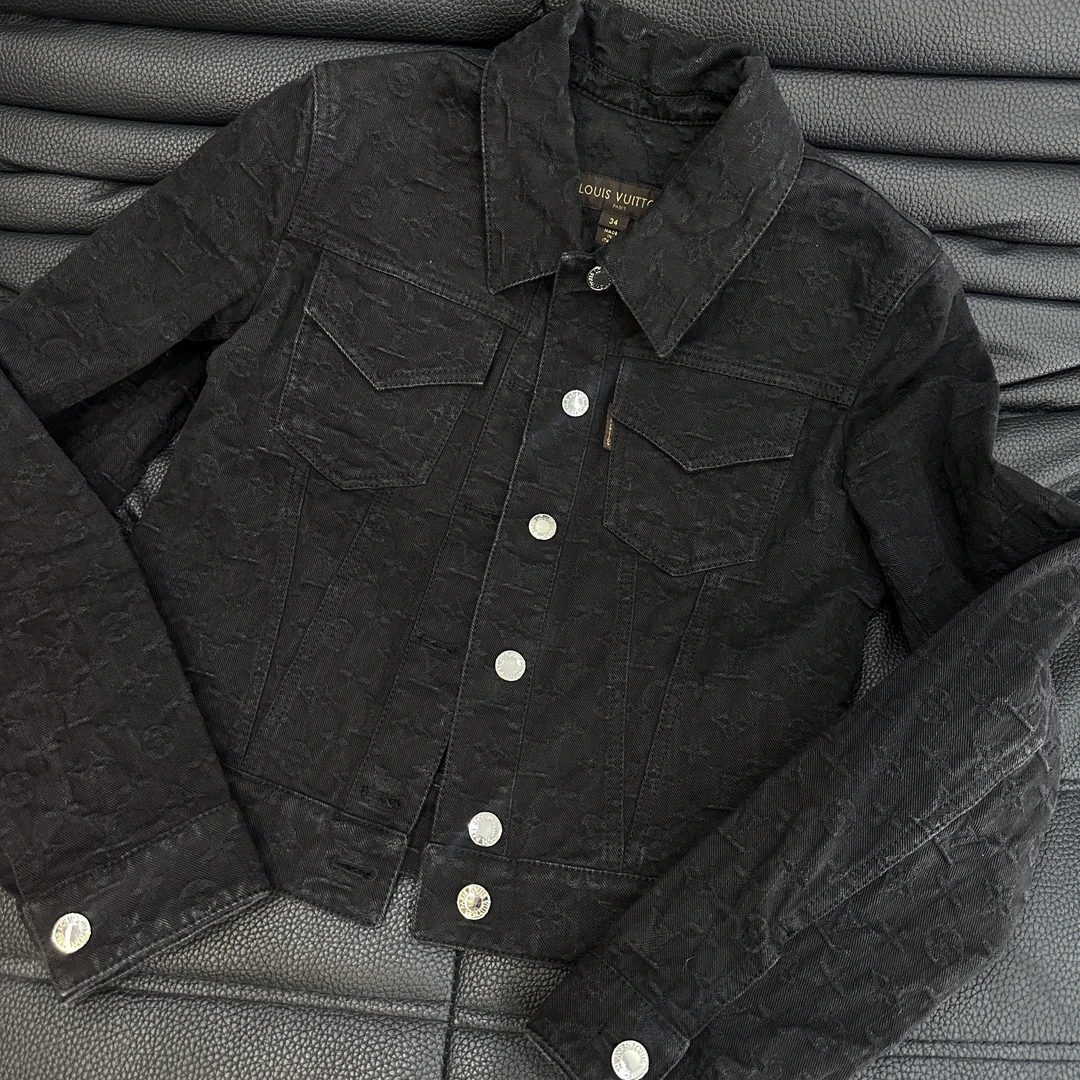 99新 LouisVuitton/路易威登 老花满印暗纹logo黑色牛仔外套34码