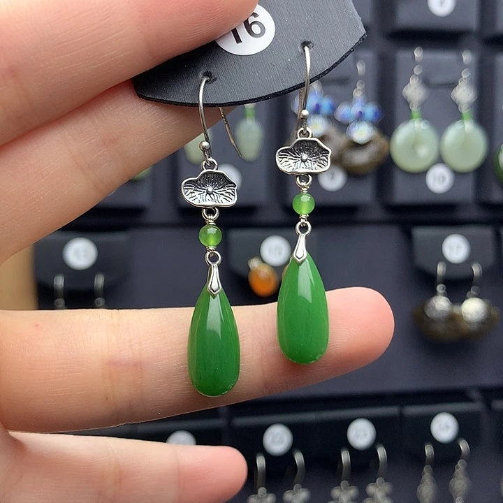 和田玉耳饰银S925镶嵌聚*阁