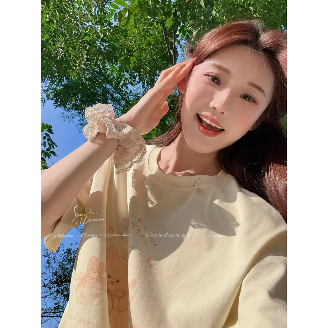 妖精的美美【咩咩熊部落T】自制印花奶呼呼的夏日T恤