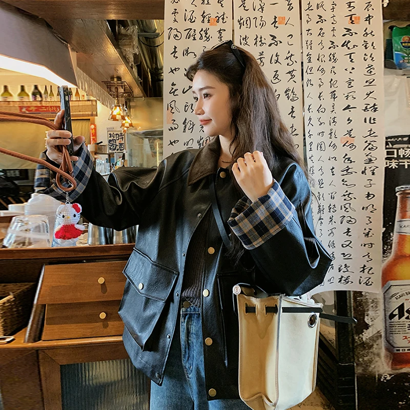 港风复古黑色皮衣外套女春季新款时尚chic高级感宽松休闲显瘦夹克