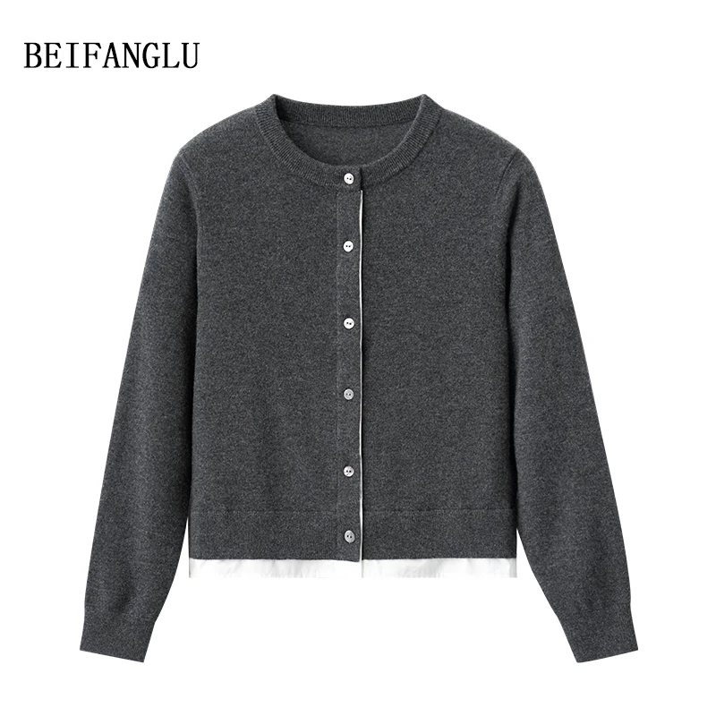 北方鹿【法式智感穿搭】早秋时髦拼接假两件100羊毛针织开衫251071