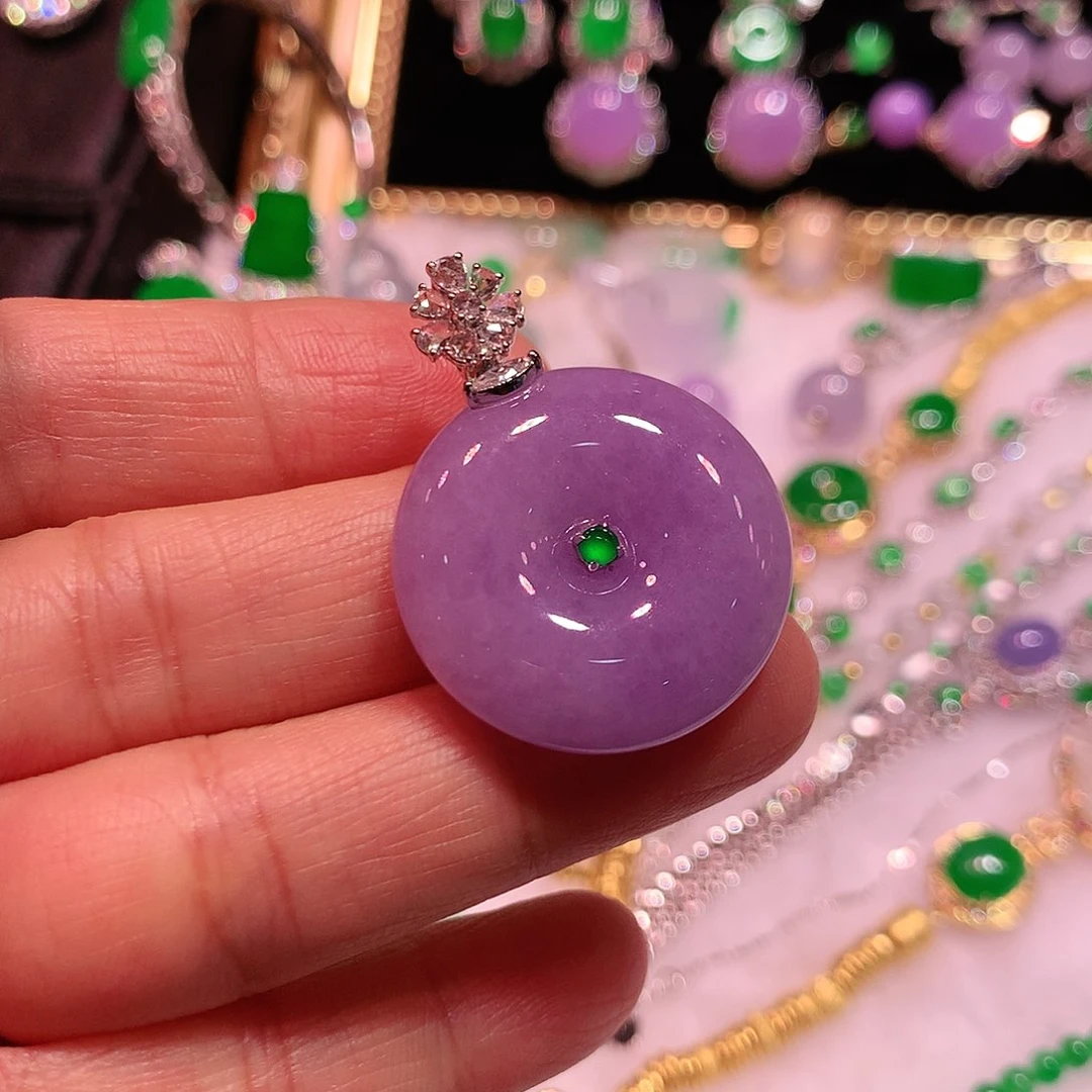 翡翠18K金镶嵌颈饰天然缅甸翡翠A货冰紫平安扣