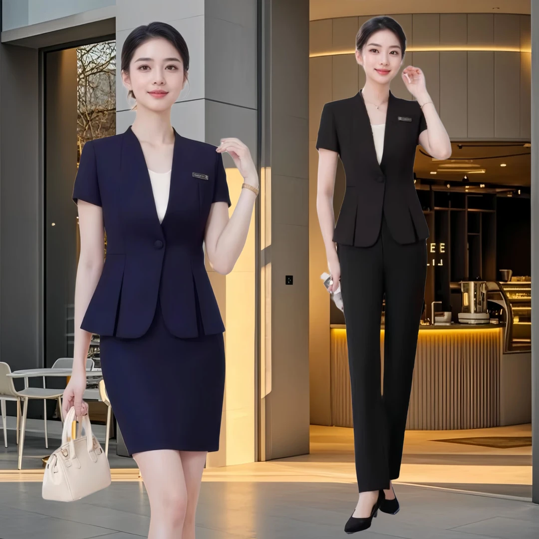 夏季短袖西装套装裤女士高端工装套裙职业气质职场前台接待工作装
