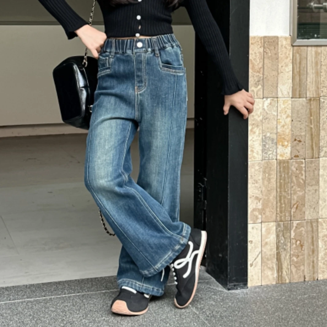 【一体绒】女童装儿童中大童冬季百搭修身简约时髦喇叭裤牛仔裤