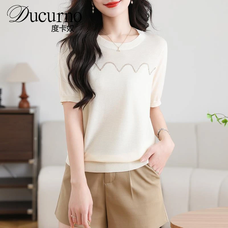 简约风潮流烫钻圆领上衣女夏季2025新款冰丝短袖t恤针织衫薄小衫