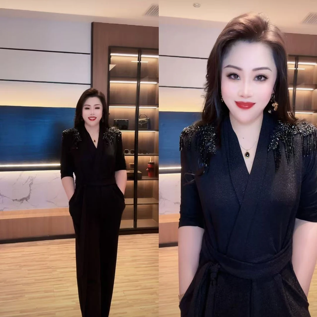 88068春季新款气质时尚御姐重工钉珠V领系带亮丝显瘦连体衣裤女NJ