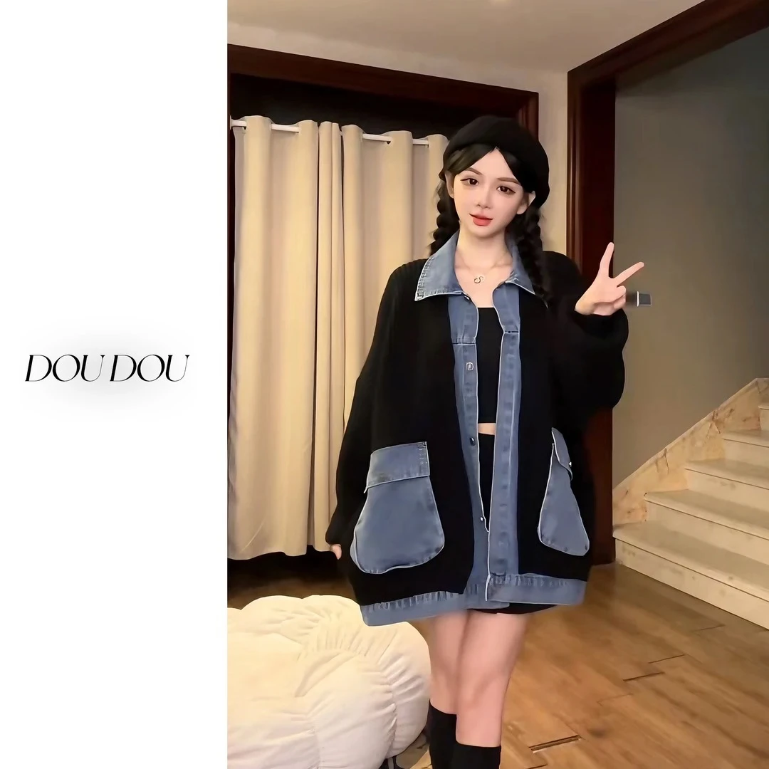 【牛仔拼接针织毛衣外套】时尚网红休闲秋季