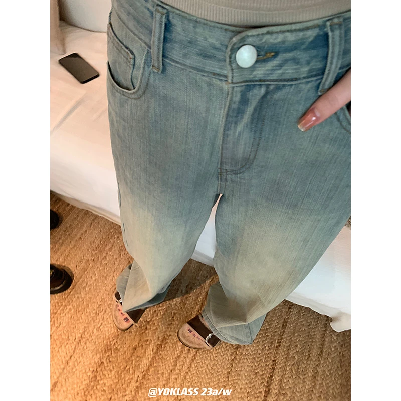YOKLASS少女家【现】蓝色直筒时尚牛仔裤四季做旧水洗显瘦裤 H06423