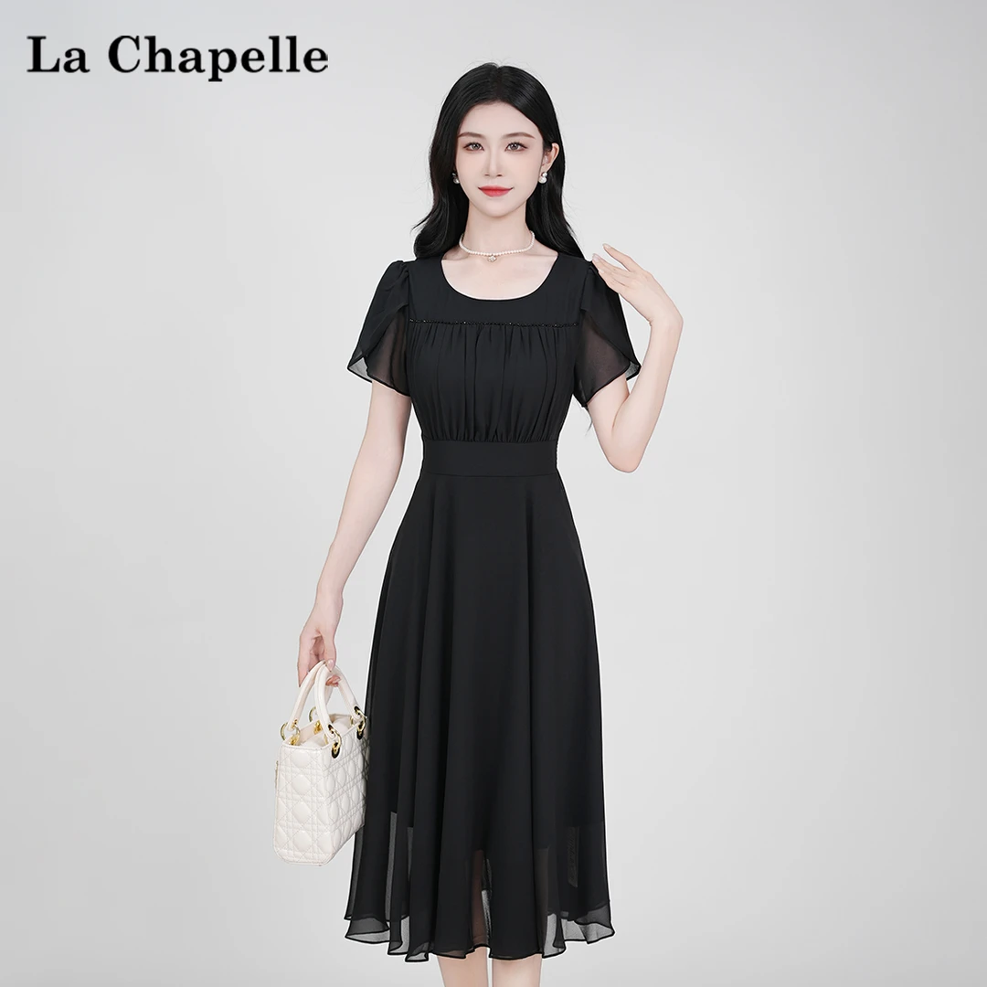 【拉夏贝尔】夏季法式设计感显瘦松紧腰显瘦短袖连衣裙