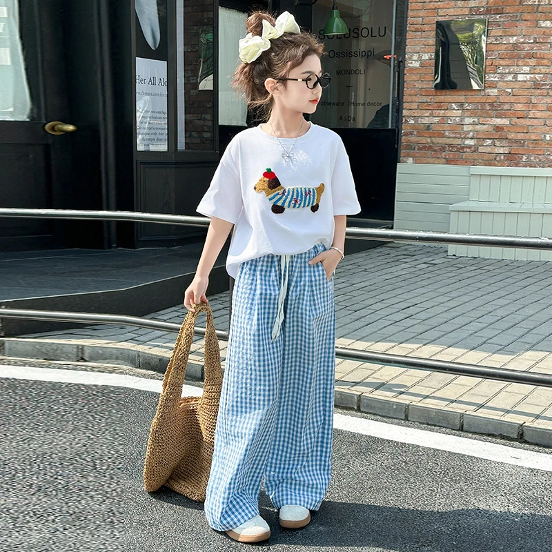 2025春夏装女童时尚套装儿童慵懒风白色短袖T恤阔腿休闲裤两件套