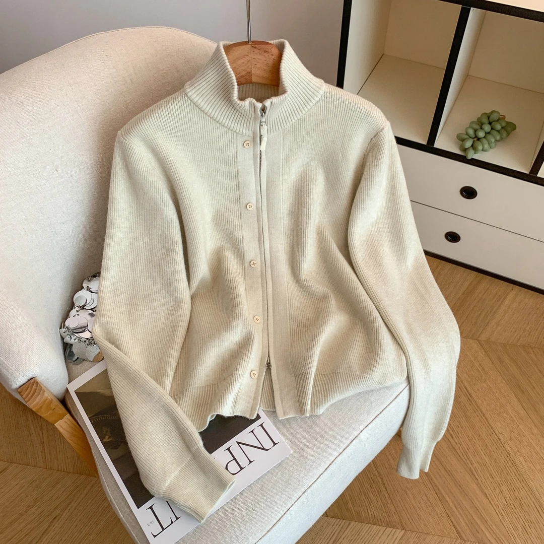 极简风立领双拉链长袖针织开衫女秋冬季新款宽松休闲百搭显瘦上气