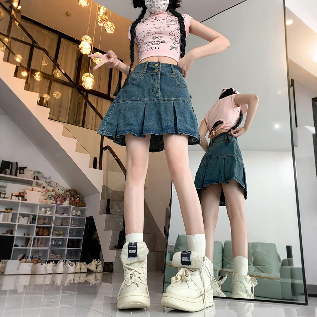 特大码女装胖mm复古牛仔短裙女梨型高腰显瘦a字半身裙百褶裙子潮