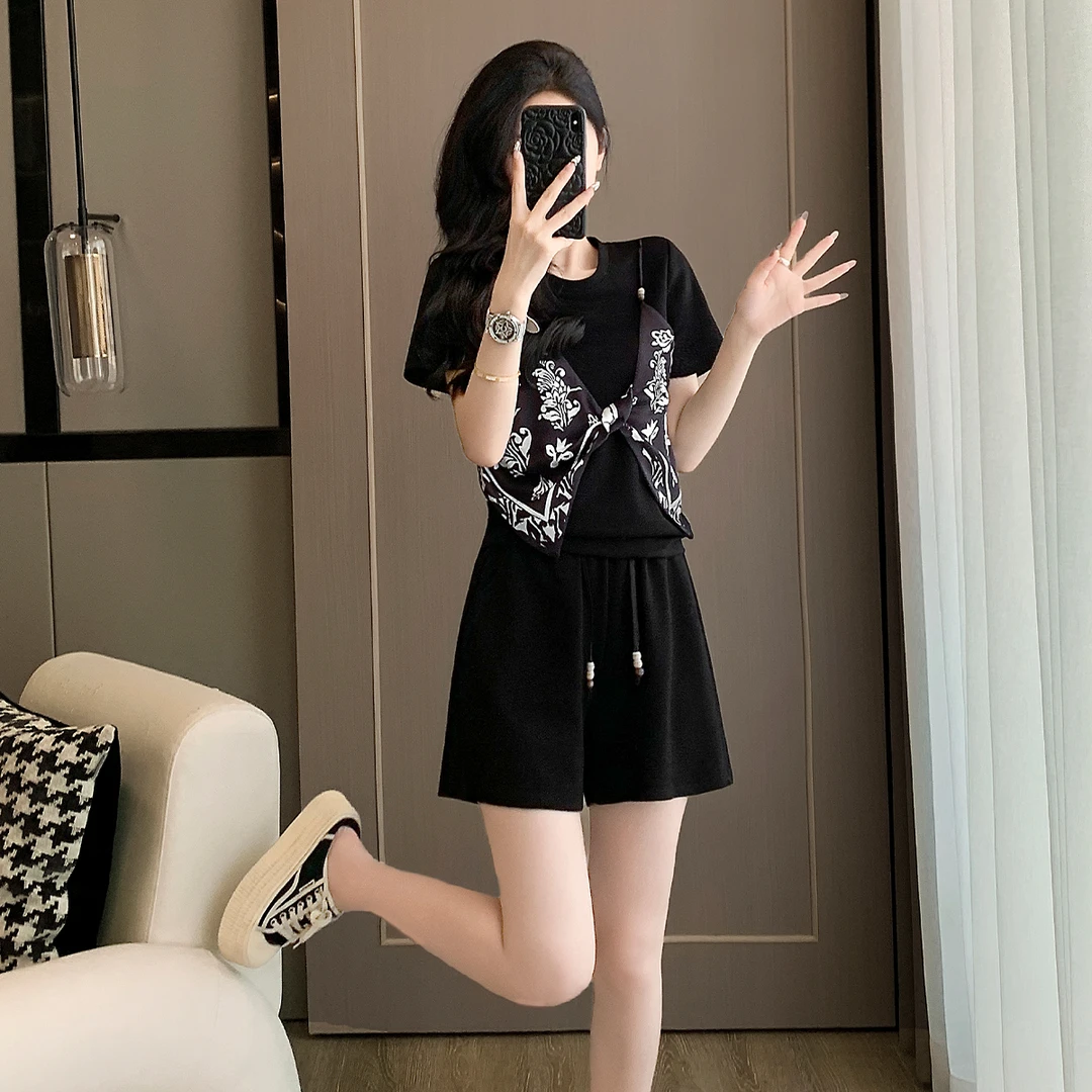 休闲运动套装阔腿夏装短裤小众印花复古夏季外穿宽松黑色减龄洋气