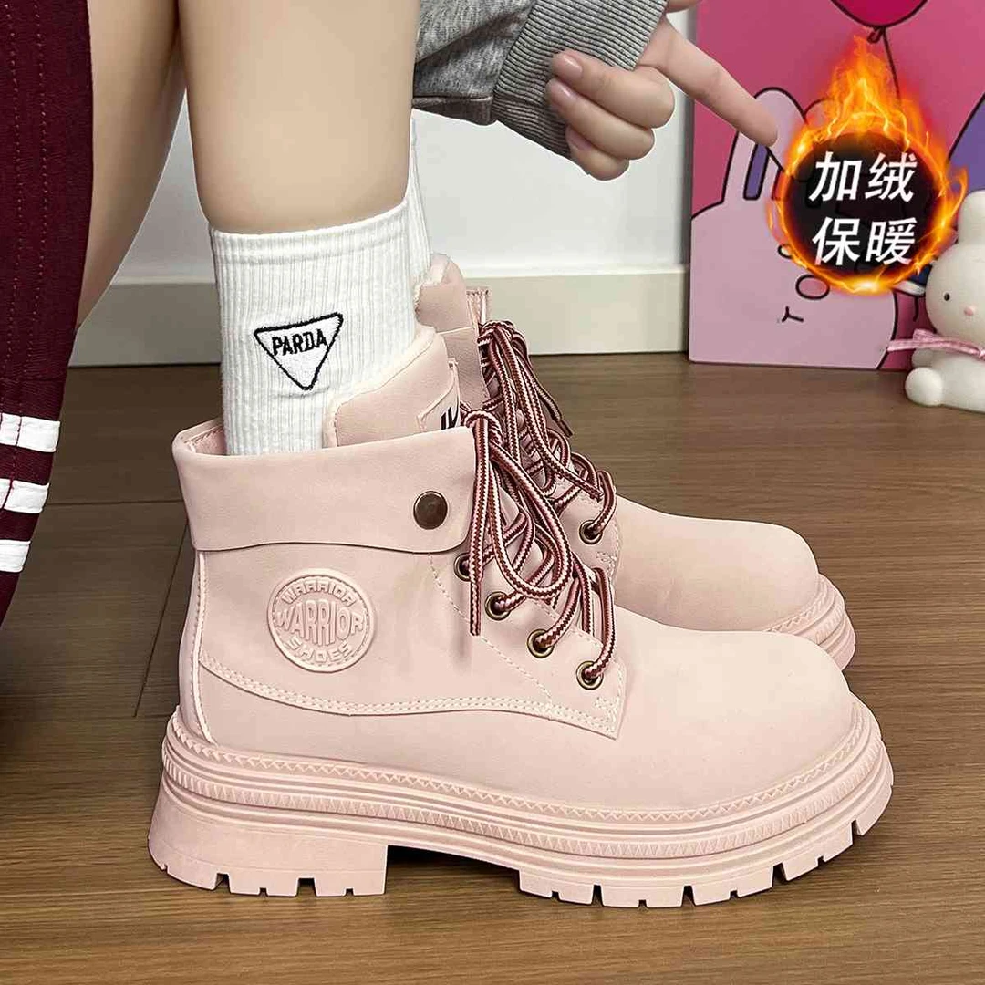 回力加绒马丁靴鞋子女秋冬爆款高帮加绒保暖中筒厚底显瘦工装短靴