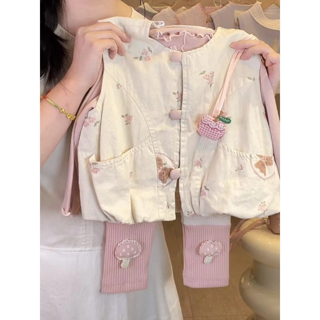 韩系女童秋季新款甜美可爱小熊马甲粉色打底衫米杏色蘑菇打底裤潮