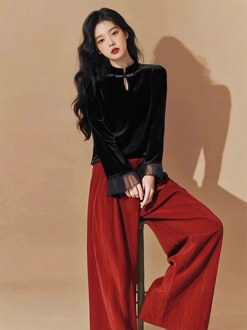 4125+4084新年战袍套装女秋冬季大码胖mm丝绒上衣阔腿裤复古两件