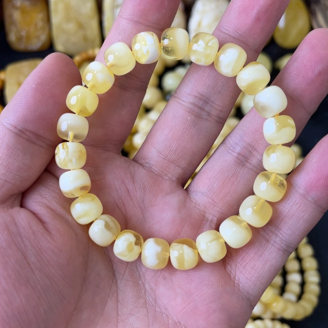 琥珀未镶嵌手串9+俄料妖白花精工老型手串（微瑕）