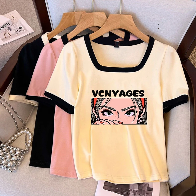 大码设计感创意印花撞色方领正肩短袖t恤女夏日百搭显瘦ins上衣潮