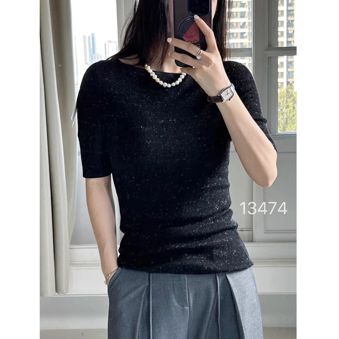 13474（部分无水洗唛，介意慎拍）WANGDAN新款净版一字领短袖