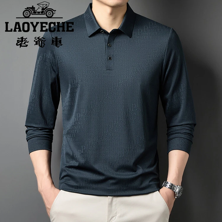 男士长袖休闲宽松翻领纯色薄款大码春秋季商务打底中年上衣Polo老